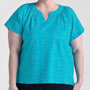 C&B Turquoise Eyelet Split-Neck Short Sleeve Embroidered Cotton Plus Size Top